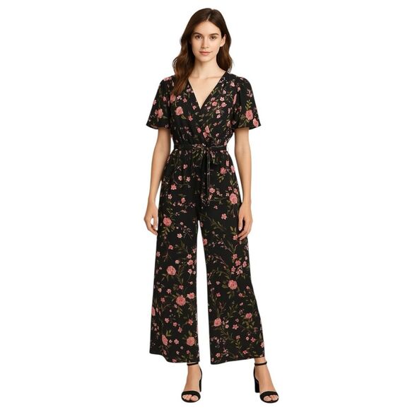 Xhilaration Jumpsuit Faux Wrap Wide Leg Floral Black Pink Short Sleeve Size XS - Picture 9 of 12